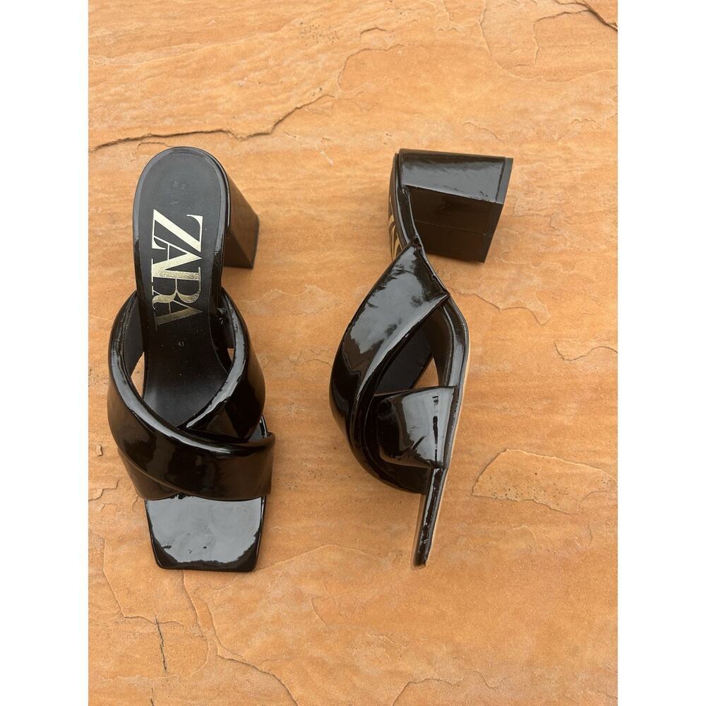 ZARA BLACK LEATHER SQUARE TOE SANDALS HEELS Size 10 41 EU - Picture 2 of 4